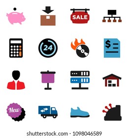 solid vector ixon set - presentation vector, piggy bank, manager, annual report, calculator, hierarchy, snickers, package, music hit, network server, barn, sale signboard, relocation truck, new