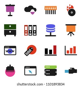 solid vector ixon set - presentation vector, archive, graph, binder, barcode, music hit, network server, cloud shield, big data, browser, hub, lan connector