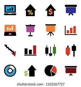 solid vector ixon set - presentation vector, graph, pie, japanese candle, laptop, crisis, percent growth, dollar, board