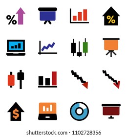 solid vector ixon set - presentation vector, graph, pie, japanese candle, laptop, crisis, percent growth, dollar, board