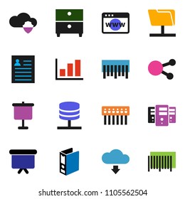 solid vector ixon set - presentation vector, archive, personal information, graph, binder, board, barcode, social media, network folder, server, cloud shield, browser, hub, download