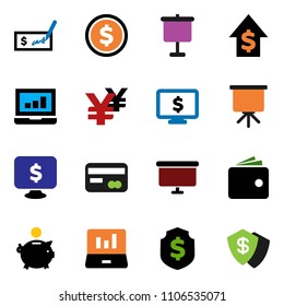 solid vector ixon set - presentation vector, dollar coin, laptop graph, wallet, piggy bank, growth, check, board, shield, monitor, yen sign, credit card
