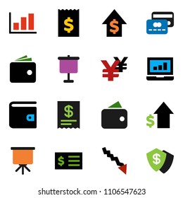 solid vector ixon set - presentation vector, graph, laptop, wallet, crisis, dollar growth, receipt, yen sign, credit card, shield