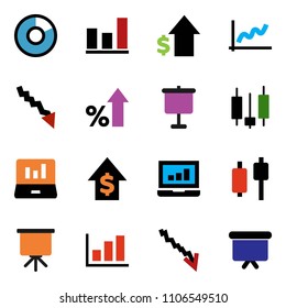 solid vector ixon set - presentation vector, graph, pie, japanese candle, laptop, crisis, percent growth, dollar, board