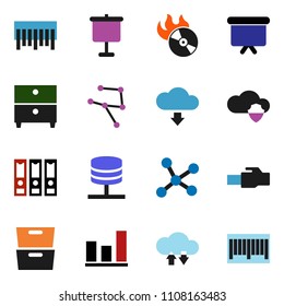 solid vector ixon set - presentation vector, archive, graph, binder, board, barcode, music hit, network, server, cloud shield, exchange, lan connector, download