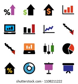 solid vector ixon set - presentation vector, graph, pie, japanese candle, laptop, crisis, percent growth, dollar, board