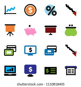 solid vector ixon set - presentation vector, dollar coin, graph, laptop, credit card, crisis, piggy bank, receipt, board, monitor, wallet, percent