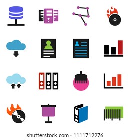 solid vector ixon set - presentation vector, personal information, graph, binder, music hit, network, server, cloud exchange, lan connector, download, barcode