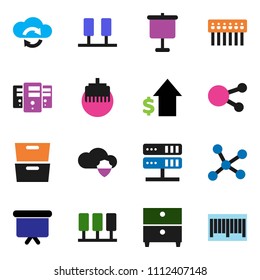 solid vector ixon set - presentation vector, archive, dollar growth, board, social media, network, server, cloud shield, exchange, hub, lan connector, barcode