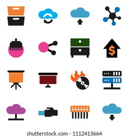 solid vector ixon set - presentation vector, archive, dollar growth, board, music hit, social media, network server, cloud, exchange, hub, lan connector, upload, download