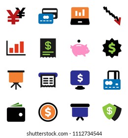 solid vector ixon set - presentation vector, dollar coin, graph, laptop, credit card, wallet, crisis, piggy bank, board, medal, monitor, yen sign, receipt, shield