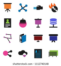 solid vector ixon set - presentation vector, personal information, binder, board, music hit, social media, network, server, cloud shield, lan connector, barcode