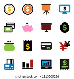 solid vector ixon set - presentation vector, dollar coin, graph, laptop, credit card, piggy bank, receipt, board, shield, monitor, yen sign, wallet