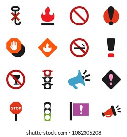 solid vector ixon set - prohibition sign vector, no alcohol, smoking, attention, traffic light, hook, flammable, stop, loudspeaker