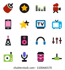 solid vector ixon set - vector, radio, antenna, tv, settings, equalizer, video camera, microphone, mobile phone, headphones, speaker, favorites, rca, connect