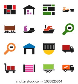 solid vector ixon set - Railway carriage vector, ship, truck trailer, sea container, delivery, port, wood box, consolidated cargo, warehouse, search, relocation