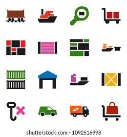 solid vector ixon set - Railway carriage vector, ship, sea container, car, port, wood box, consolidated cargo, no hook, warehouse, search, relocation truck, trolley