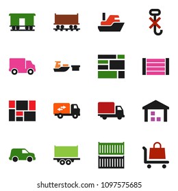 solid vector ixon set - Railway carriage vector, ship, truck trailer, sea container, delivery, car, port, wood box, consolidated cargo, no hook, warehouse, relocation, trolley