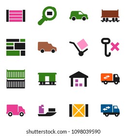 solid vector ixon set - Railway carriage vector, ship, sea container, delivery, car, wood box, consolidated cargo, no hook, warehouse, search, relocation truck