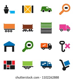 solid vector ixon set - Railway carriage vector, truck trailer, sea container, delivery, car, port, wood box, consolidated cargo, no hook, warehouse, search, relocation, trolley