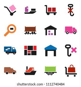 solid vector ixon set - Railway carriage vector, ship, truck trailer, delivery, car, consolidated cargo, no hook, warehouse, search, relocation, trolley