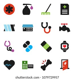 solid vector ixon set - rake vector, water tap, liquid soap, heart pulse, monitor, ambulance star, broken bone, patch, stethoscope, pills, anamnesis, hospital building, bandage, medical room