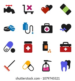 solid vector ixon set - rake vector, water tap, liquid soap, pills vial, first aid kit, no trolley, heart, doctor bag, pulse, patch, bottle, drop counter, tooth
