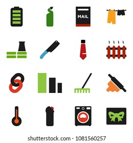 solid vector ixon set - rake vector, drying clothes, washer, cleaning agent, knife, rolling pin, tie, sorting, battery, thermometer, chain, mailbox, heating, factory, gift