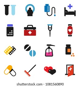 solid vector ixon set - rake vector, liquid soap, pills vial, heart monitor, doctor bag, crutches, blister, hospital bed, tomography, drop counter, medical room