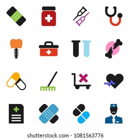 solid vector ixon set - rake vector, pills, no trolley, doctor bag, heart pulse, vial, crutches, broken bone, patch, stethoscope, bottle, anamnesis, tooth implant
