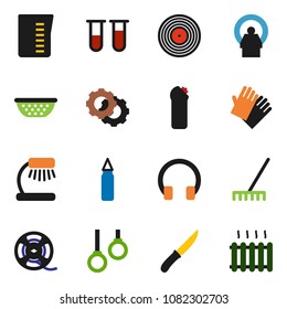 solid vector ixon set - rake vector, cleaning agent, rubber glove, colander, measuring cup, knife, table lamp, punching bag, gymnast rings, film spool, disk, headphones, vial, tomography, gear