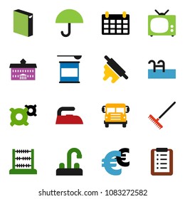 solid vector ixon set - rake vector, iron, washing powder, water tap, rolling pin, university, school bus, abacus, calendar, any currency, euro sign, sports nutrition, umbrella, pool, tv