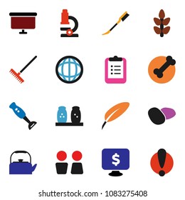 solid vector ixon set - rake vector, car fetlock, water closet, kettle, spices, blender, potato, pen, microscope, clipboard, world, presentation board, monitor dollar, cereals, bone, attention