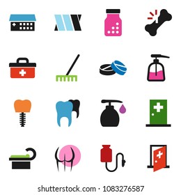 solid vector ixon set - rake vector, liquid soap, buttocks, doctor bag, broken bone, pills, bottle, hospital building, tomography, bandage, drop counter, tooth, implant, medical room