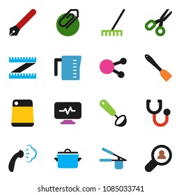 solid vector ixon set - rake vector, steaming, pan, measuring cup, cook press, spatula, ladle, cutting board, pen, scissors, social media, stethoscope, diagnostic monitor, attachment, client search