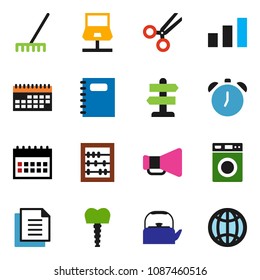 solid vector ixon set - rake vector, washer, kettle, copybook, alarm clock, abacus, calendar, signpost, document, sorting, loudspeaker, scissors, tooth implant, notebook network, globe