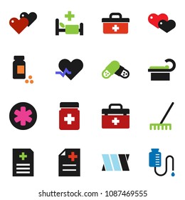 solid vector ixon set - rake vector, pills vial, heart, doctor bag, ambulance star, pulse, bottle, anamnesis, hospital bed, tomography, bandage, drop counter