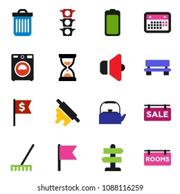 solid vector ixon set - rake vector, trash bin, washer, kettle, rolling pin, flag, sand clock, dollar, signpost, traffic light, calendar, speaker, battery, bench, sale signboard, rooms