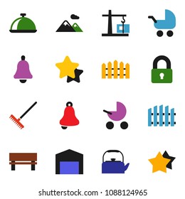 solid vector ixon set - rake vector, kettle, dish, bell, bench, mountain, barn, fence, lock, construction crane, star, baby stroller
