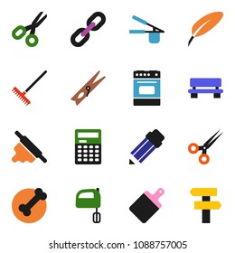 solid vector ixon set - rake vector, clothespin, cook press, rolling pin, cutting board, mixer, oven, pen, pencil, calculator, scissors, bone, bench, chain, signpost