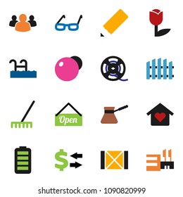 solid vector ixon set - rake vector, turk coffee, pencil, glasses, exchange, fitball, wood box, tulip, film spool, group, battery, pool, fence, love home, open, mall