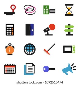 solid vector ixon set - rake vector, microwave oven, alarm clock, calculator, calendar, hoop, signpost, document, big scales, microphone, sand, hospital building, globe, key, fridge, loudspeaker