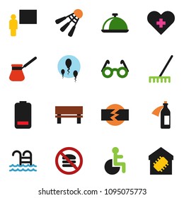 solid vector ixon set - rake vector, turk coffee, dish, blackboard, glasses, shuttlecock, pool, no fastfood, battery, disabled, heart cross, potion, sperm, bench, disconnection, smart home