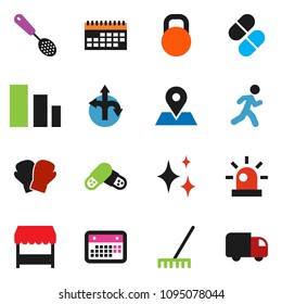 solid vector ixon set - rake vector, shining, skimmer, boxing glove, run, route, map pin, calendar, sorting, weight, pills, siren, market, delivery