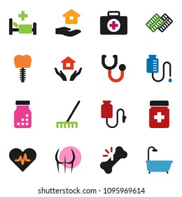 solid vector ixon set - rake vector, house hold, buttocks, first aid kit, heart pulse, broken bone, stethoscope, pills bottle, blister, hospital bed, drop counter, tooth implant, bath
