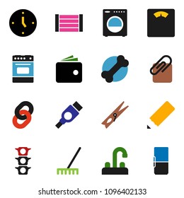 solid vector ixon set - rake vector, clothespin, water tap, oven, pencil, wallet, clock, scales, bone, traffic light, wood box, hdmi, chain, attachment, washer, fridge