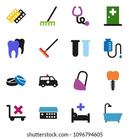 solid vector ixon set - rake vector, no trolley, vial, stethoscope, pills, blister, hospital bed, building, amkbulance car, bandage, drop counter, tooth, implant, medical room, bath