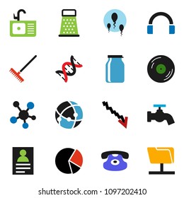solid vector ixon set - rake vector, water tap, sink, grater, jar, personal information, pie graph, crisis, disk, headphones, classic phone, social media, dna, sperm, connection, network folder