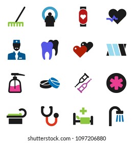 solid vector ixon set - rake vector, liquid soap, heart monitor, ambulance star, pulse, crutches, stethoscope, pills, hospital bed, tomography, bandage, tooth, doctor, bath