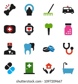 solid vector ixon set - rake vector, house hold, heart monitor, first aid kit, doctor, broken bone, stethoscope, pills, bottle, amkbulance car, tomography, tooth, implant, medical room, bath